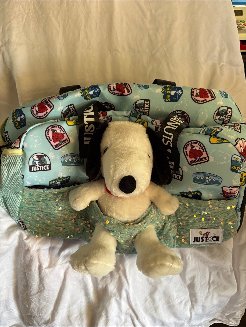 Justice Light Blue Graphic Duffel Bag with Plush Snoopy Attached